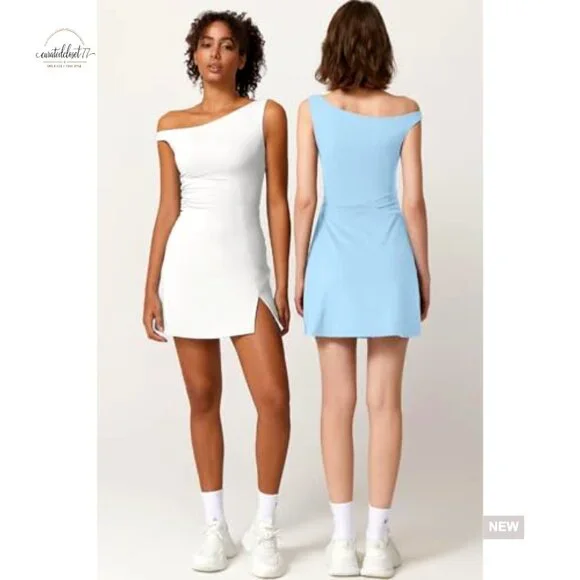 One Shoulder Tennis Dress with Built-in Shorts and Pockets, Athletic Mini Dress - Picture 3 of 5